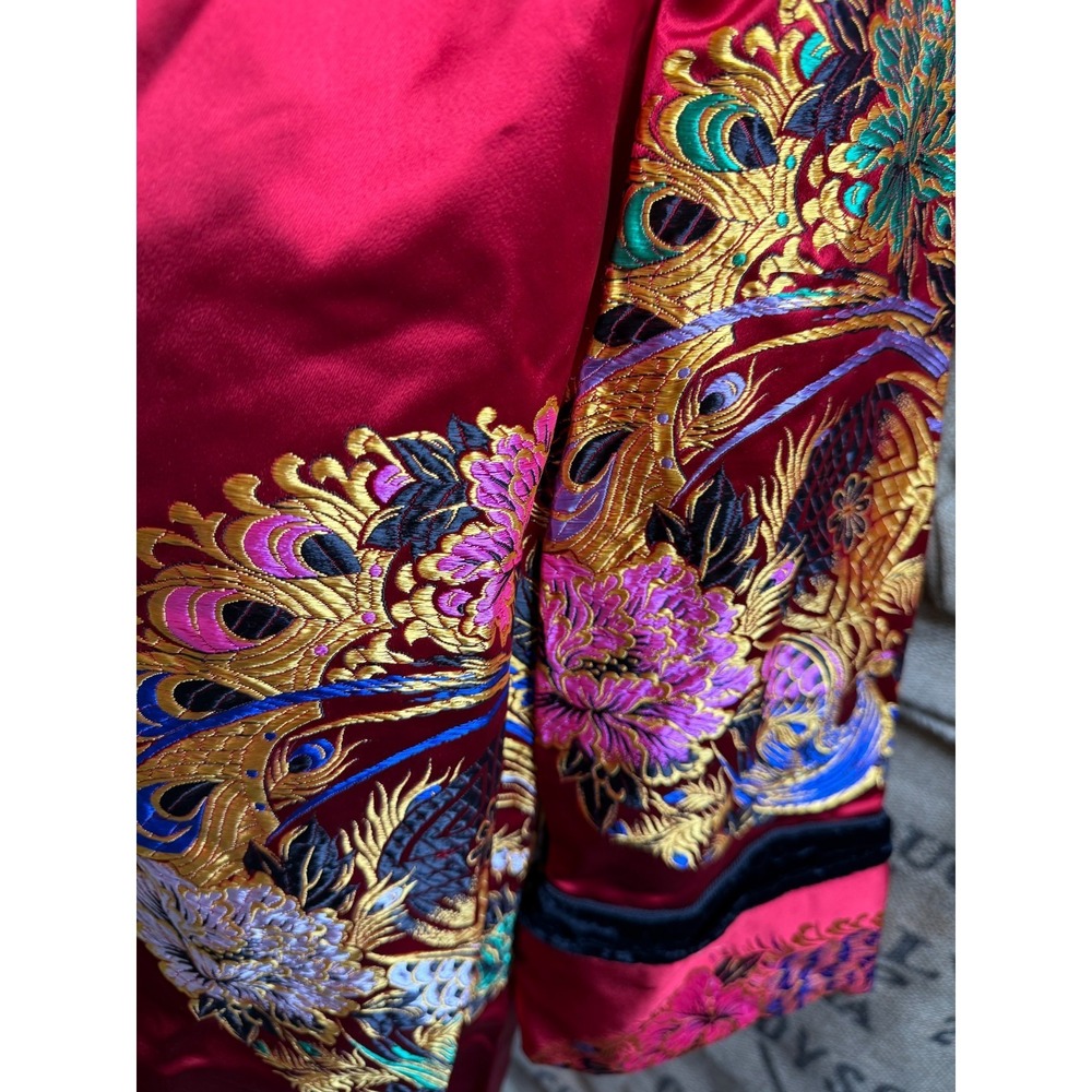 VTG Red Chinese Brocade Phoenix Dragon Maxi Robe Duster Mandarin Collar Velvet - Picture 4 of 8